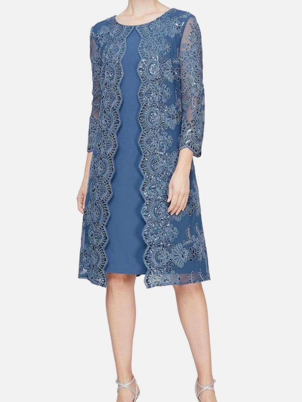 Embroidered Elongated Lace Mock Jacket with Jersey Sheath Dress - new with tags